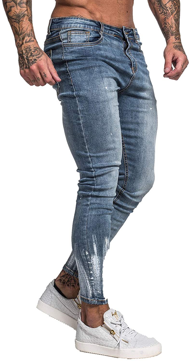 GINGTTO Men's Skinny Jeans Stretch Ripped Tapered Leg, Blue With Print ...
