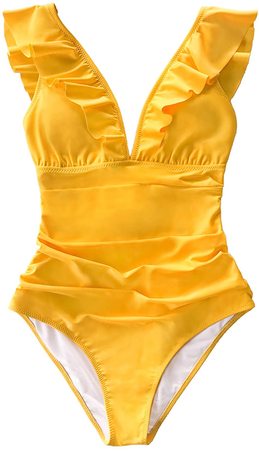 CUPSHE Women's V Neck One Piece Swimsuit Ruffled Lace Up, Yellow, Size ...