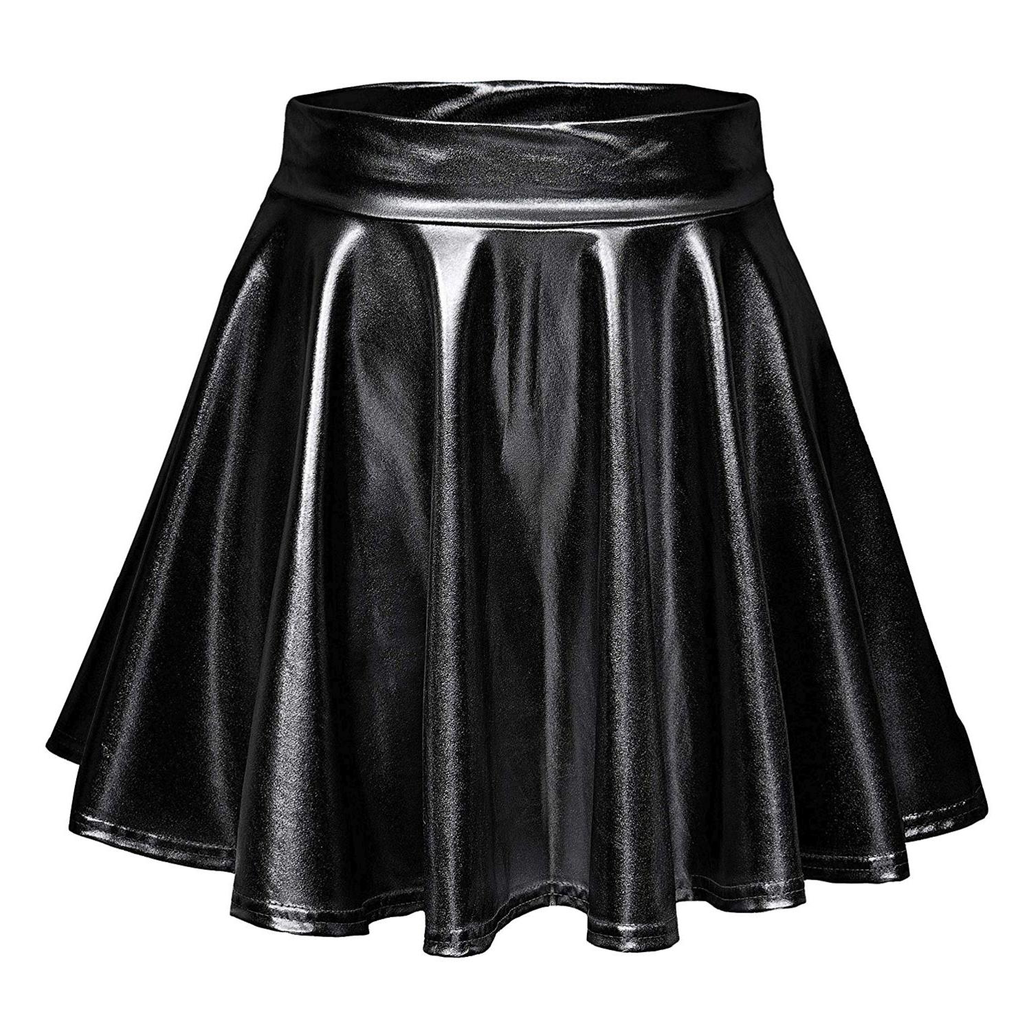 Urban CoCo Women's Shiny Flared Pleated Mini Skater Skirt (L,, Black ...