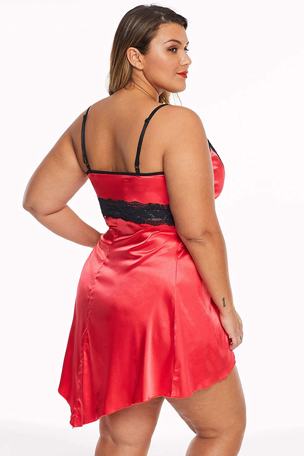 lime flare Sexy Plus Size Luxury Satin Lingerie Silk Babydoll, Red