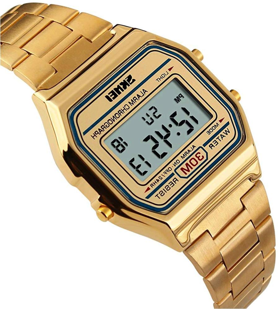 PASOY Men's Digital Gold Stainless Steel Watch Backlit, Gold, Size ...