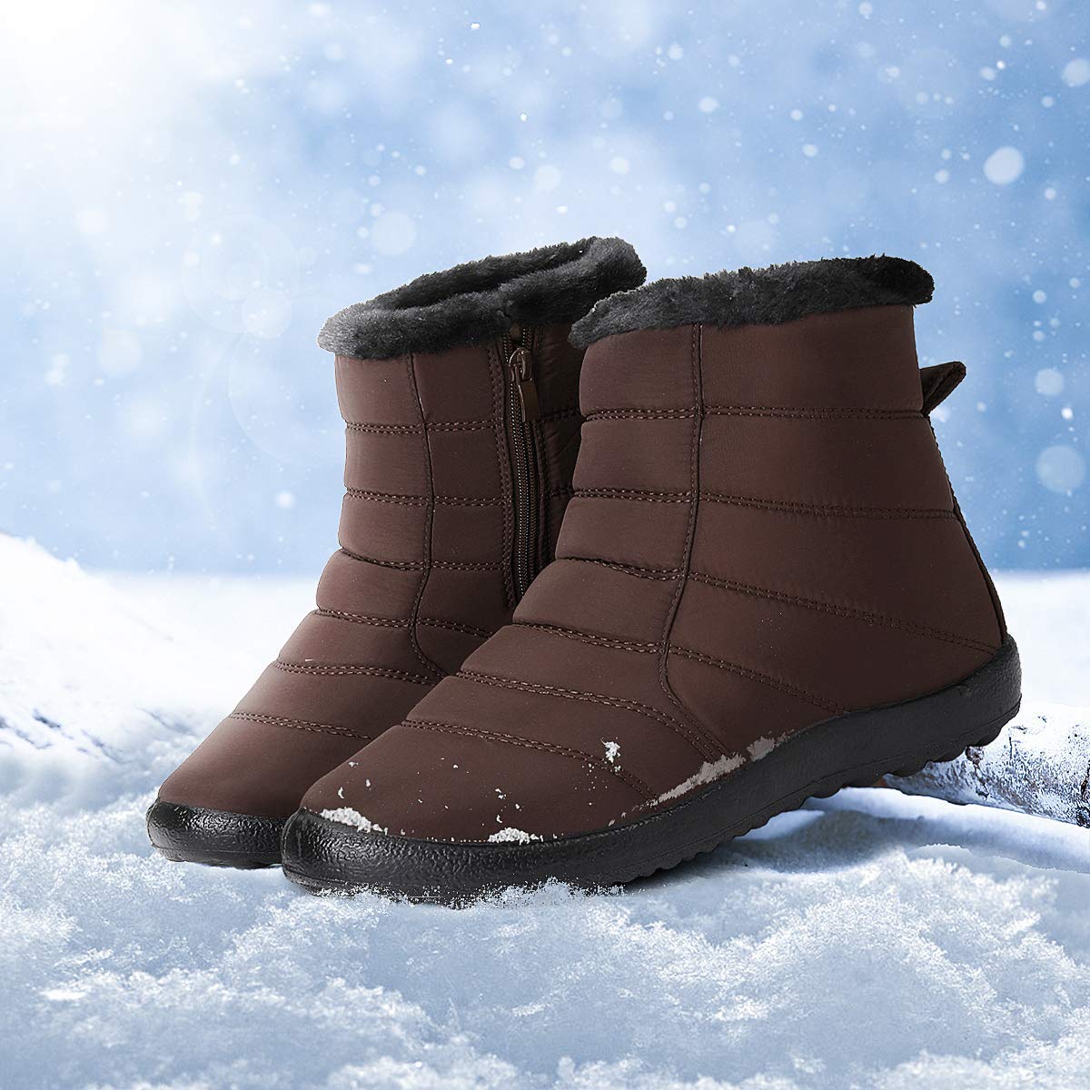 Camfosy Women's Ankle Snow Boots Winter Warm Waterproof, Coffee, Size 8 ...
