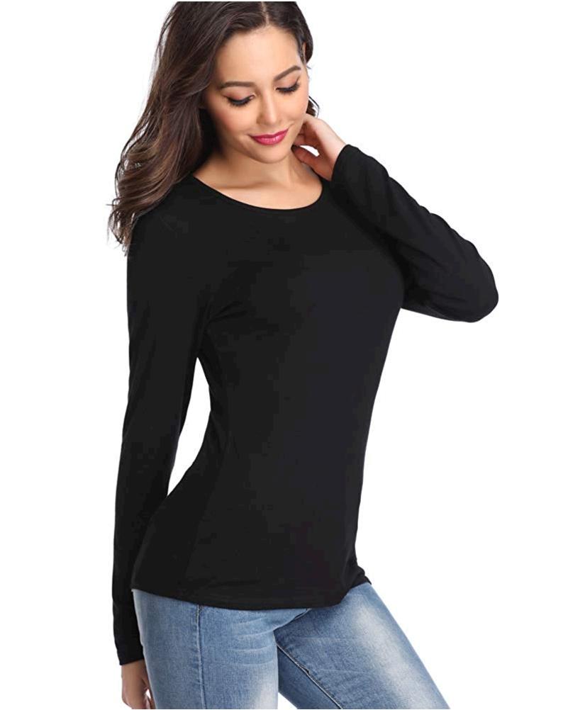 fuinloth Women's Basic Long Sleeve T Shirts, Crewneck Slim Fit, Black ...