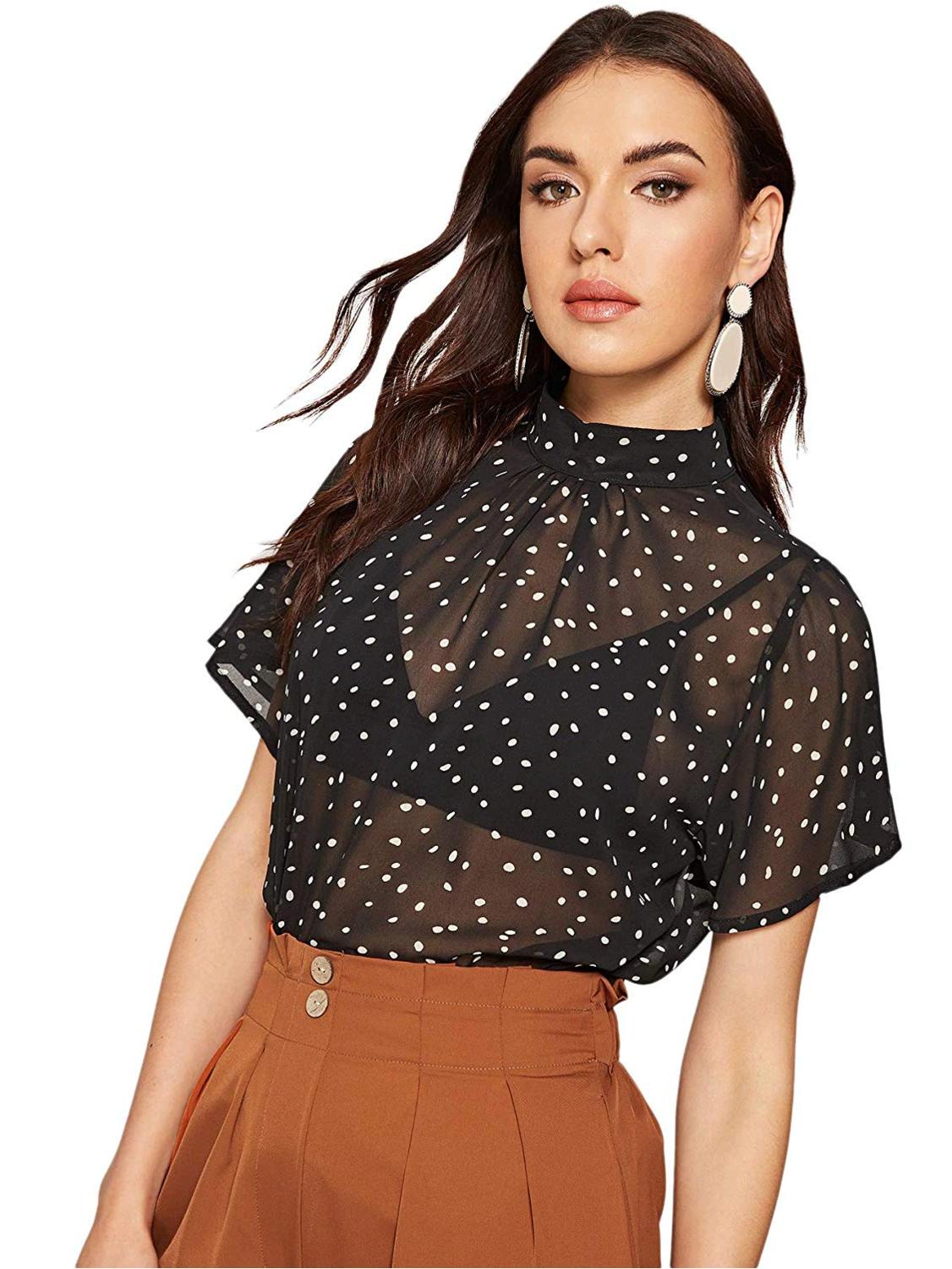 Download SheIn Women's Mesh Sheer Mock Neck Polka Dot See Through ...