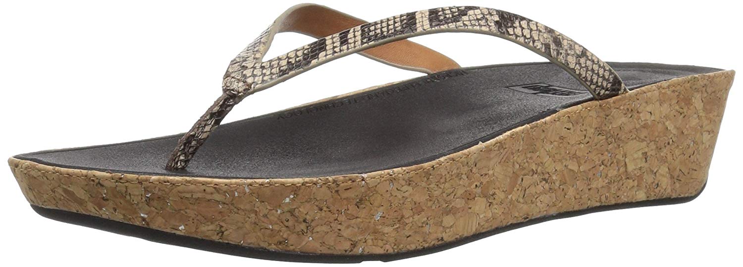 FitFlop Women's Linny Toe-Thong Leather Wedge Sandal, Taupe Snake, Size ...