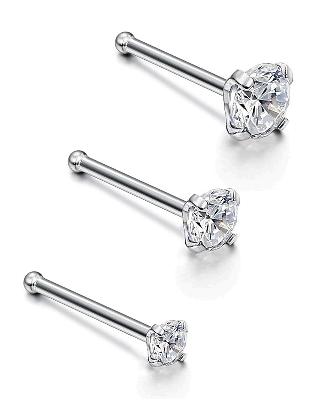 Jstyle 22G 3 Pcs a Set Stainless Steel Nose Rings Studs, Silver, Size