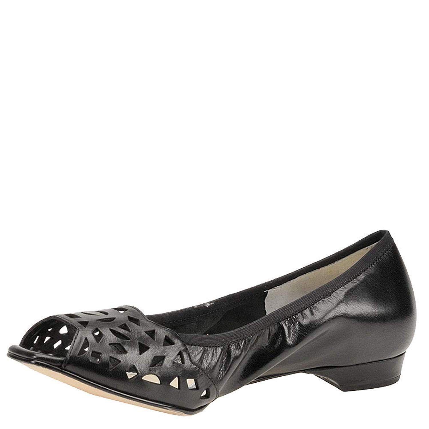 black leather peep toe flats
