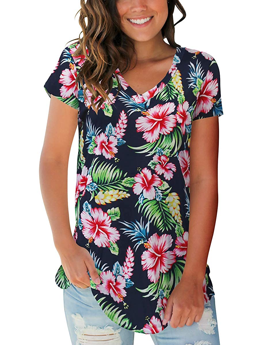 Hawaiian Shirts for Women Ladies Tops Summer Short Sleeve V, Blue, Size ...