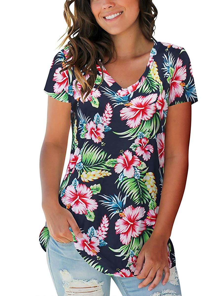 Hawaiian Shirts for Women Ladies Tops Summer Short Sleeve V, Blue, Size ...