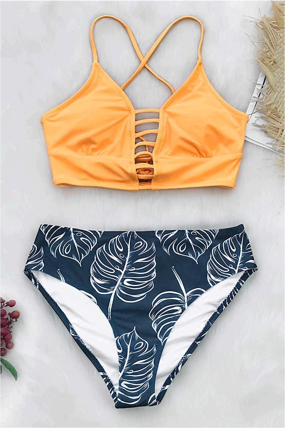 Cupshe Women S Yellow And Leaves Print Lace Bikini Set X Large Blue Size 16 0 Ebay