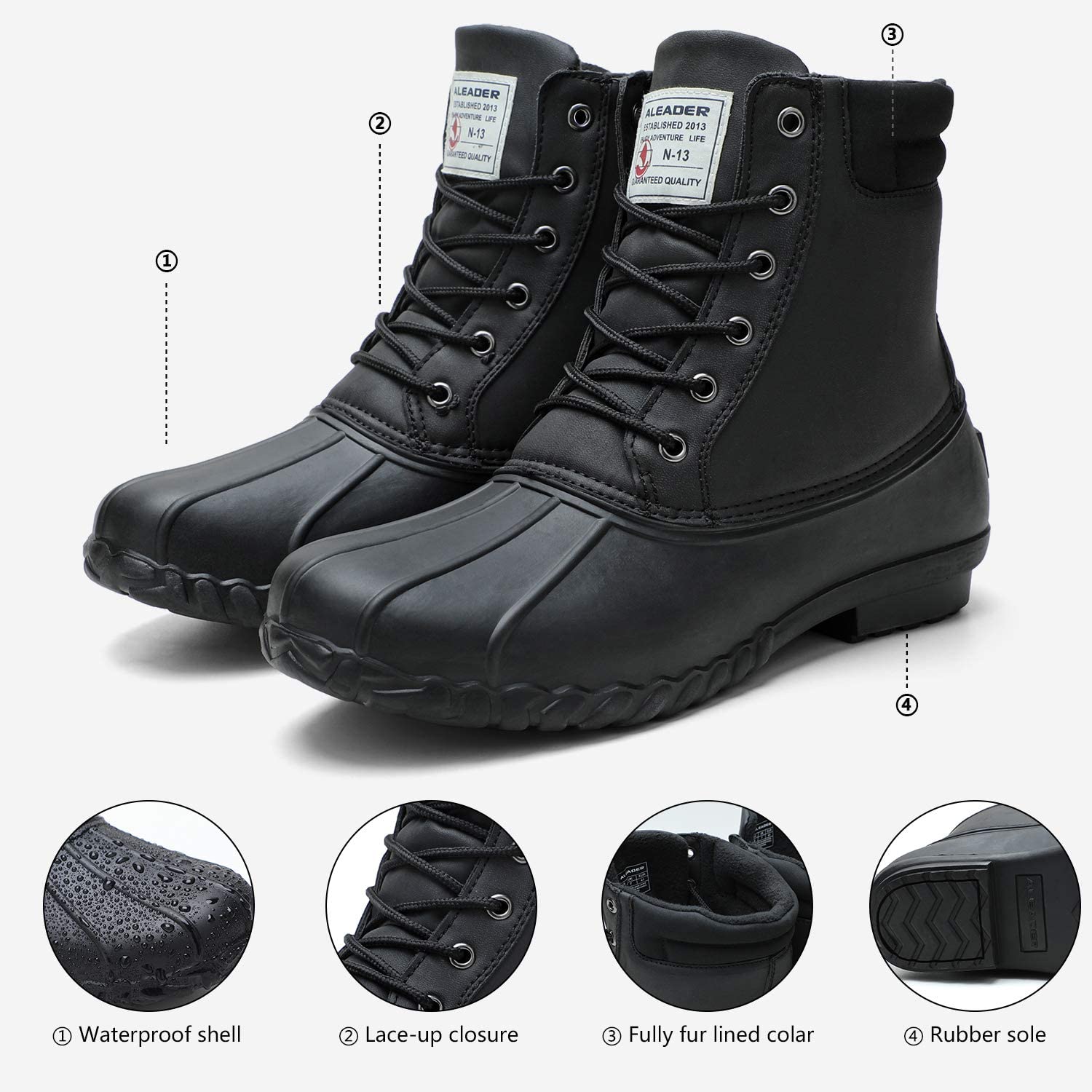 ALEADER Mens Duck Boots Insulated Cold Weather Rain, Ultra Black, Size ...