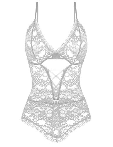 Ababoon Women Lingerie One Piece Lace Bodysuit Sexy Teddy, White, Size ...