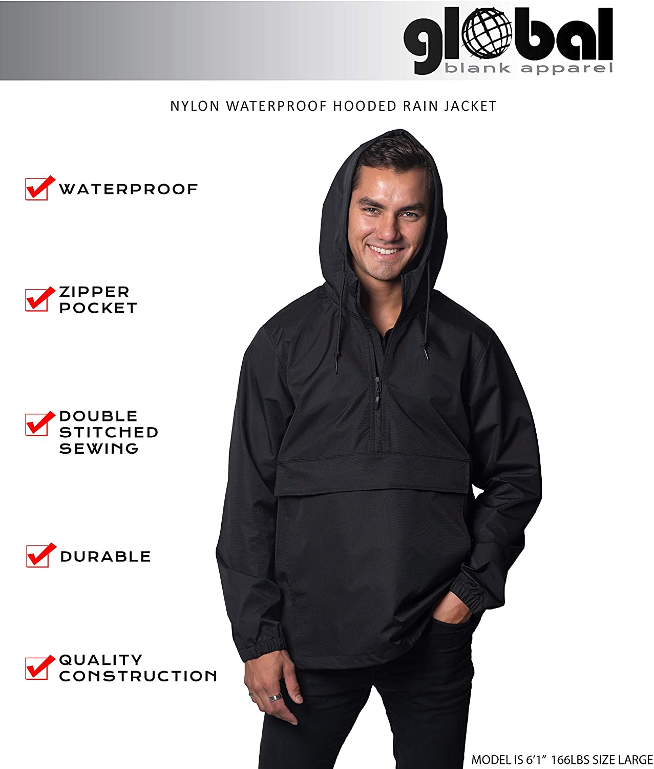 Global Blank Men’s Hooded Raincoat Waterproof Jacket Zip Up, Black ...