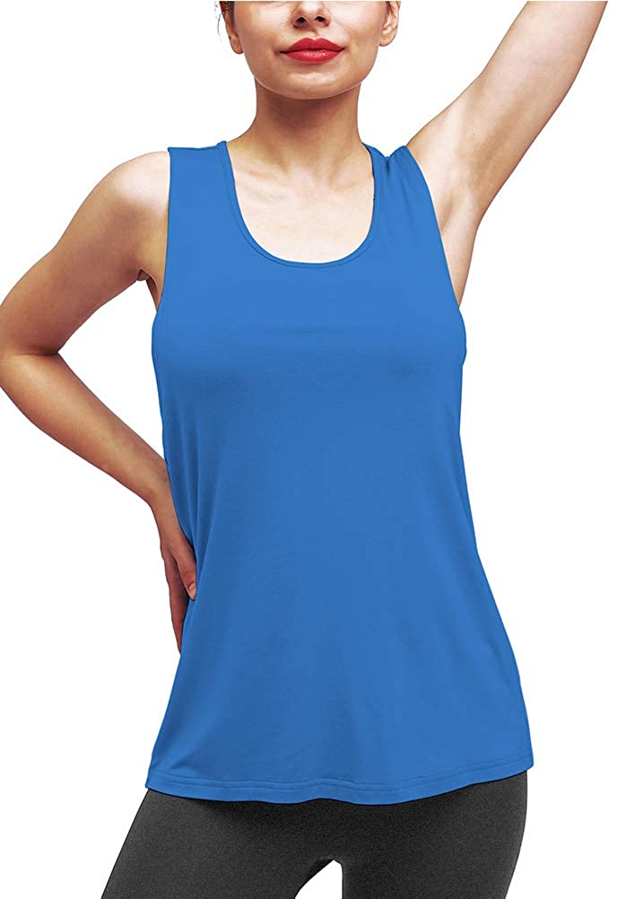 Mippo Workout Tops for Women High Neck Racerback Tank Tops Loose Fit Athletic  Yoga Shirts Large Light Blue