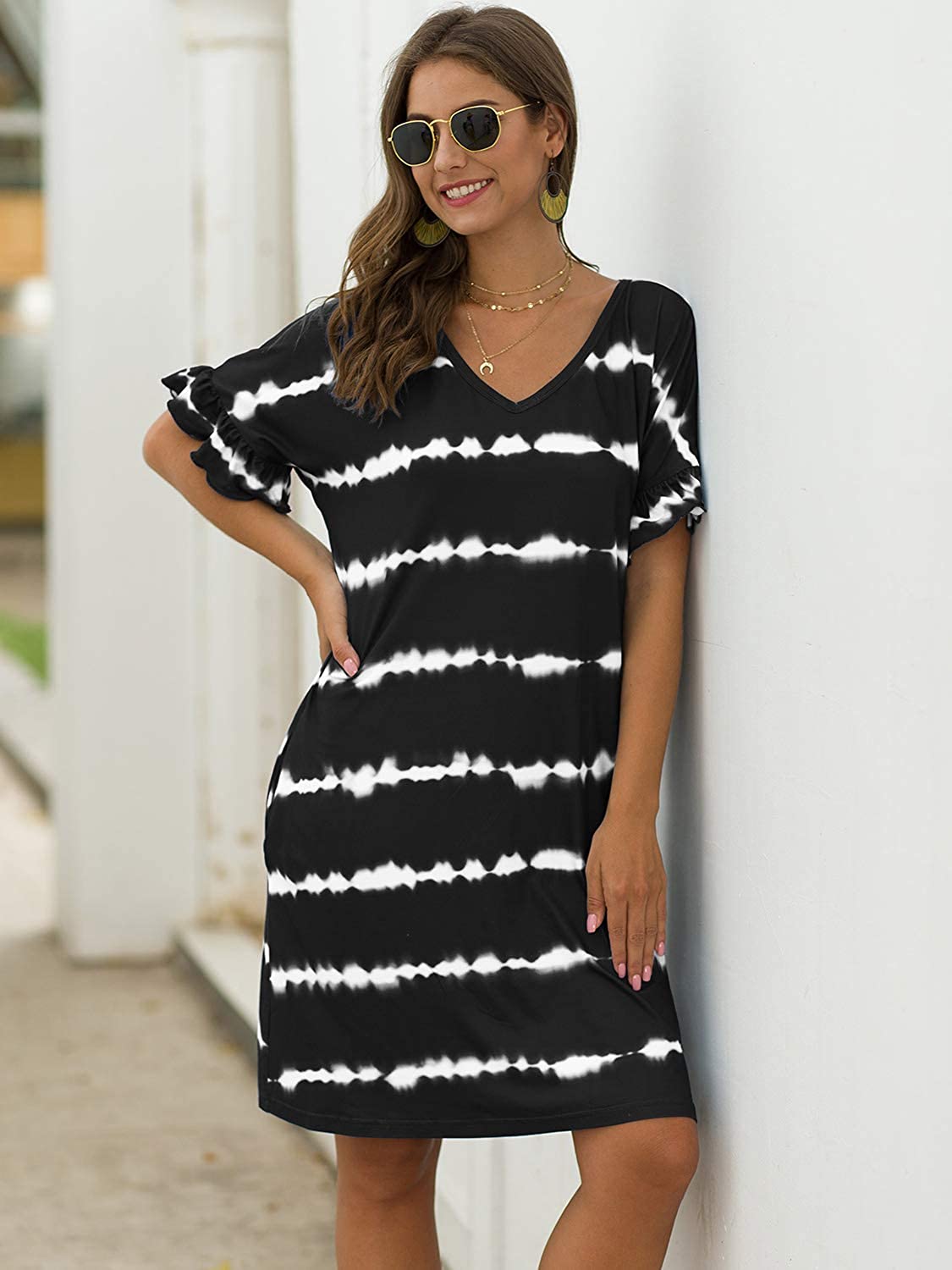Miessial Women's Casual Striped Tie Dye Print Mini Dress V, Black, Size ...