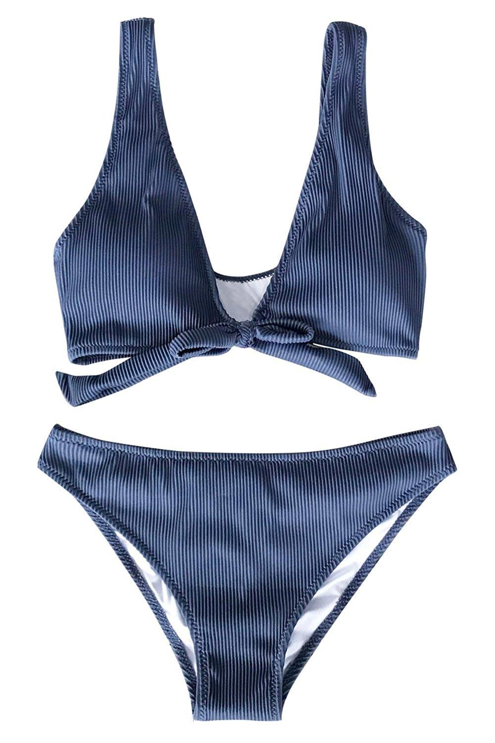 CUPSHE Deep Love Solid Blue Bikini Set Tie Front Beach Swimwear, Blue