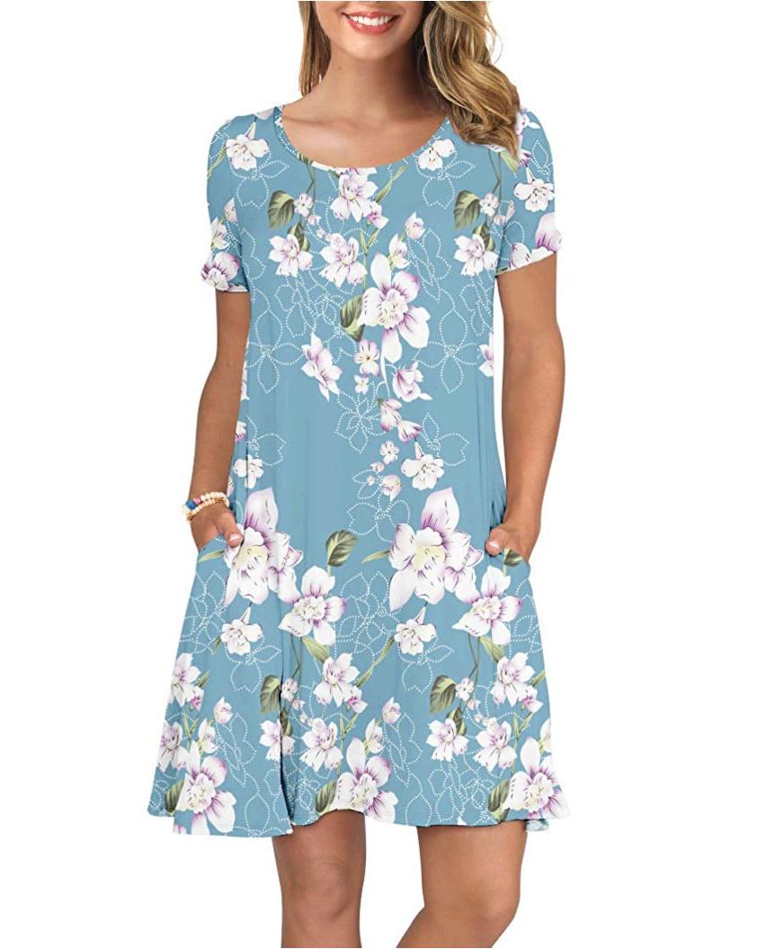 KORSIS Women's Summer Floral Dresses Short Sleeve Tunic T, Blue, Size