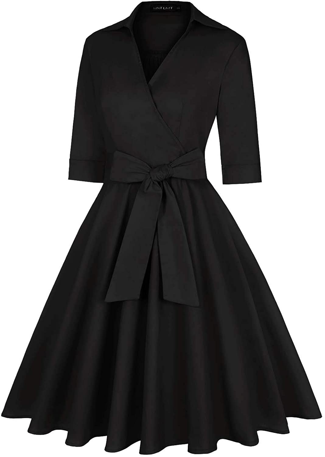 MINTLIMIT Women's 1950s Deep V-Neck Vintage Dresses, Plain Black, Size ...
