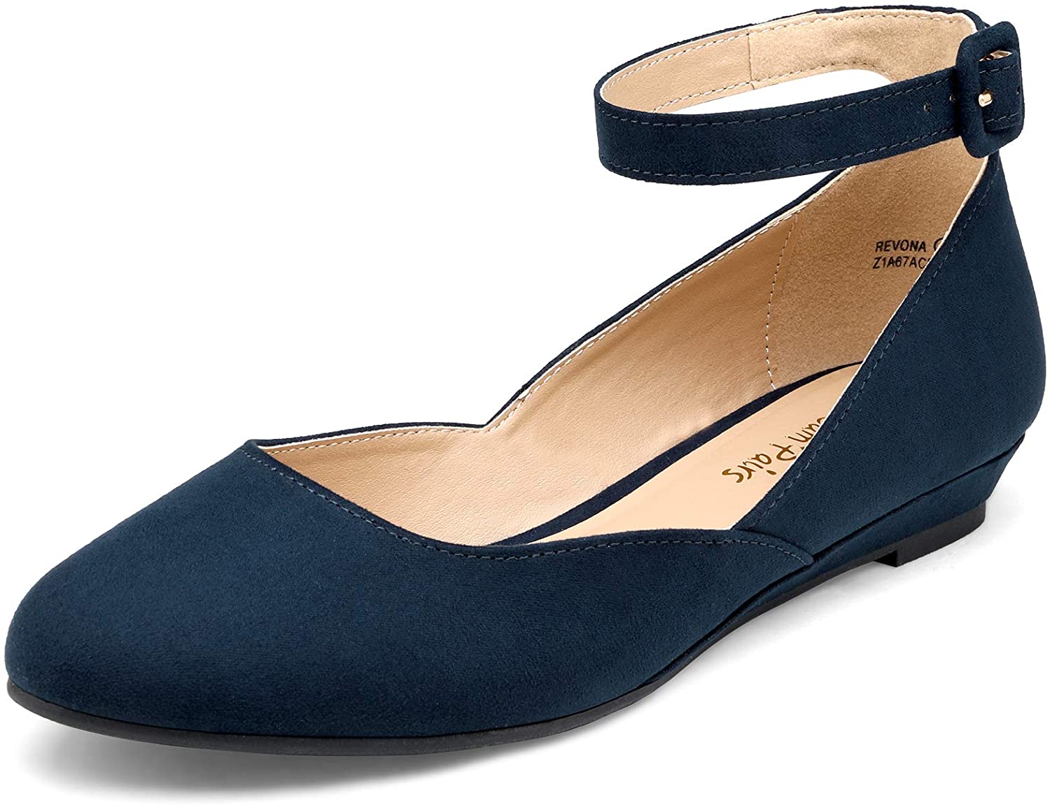 DREAM PAIRS Women's Revona Low Wedge Ankle Strap Flats, Navy Suede ...