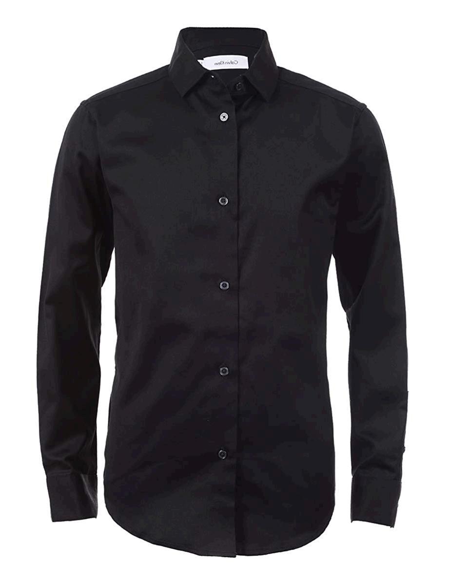 Calvin Klein Boys' Big Long Sleeve Sateen Dress Shirt, Black, 18, Black ...