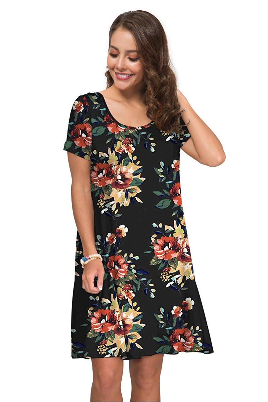 KORSIS Women's Summer Floral Dresses Short Sleeve Tunic T, Black, Size ...