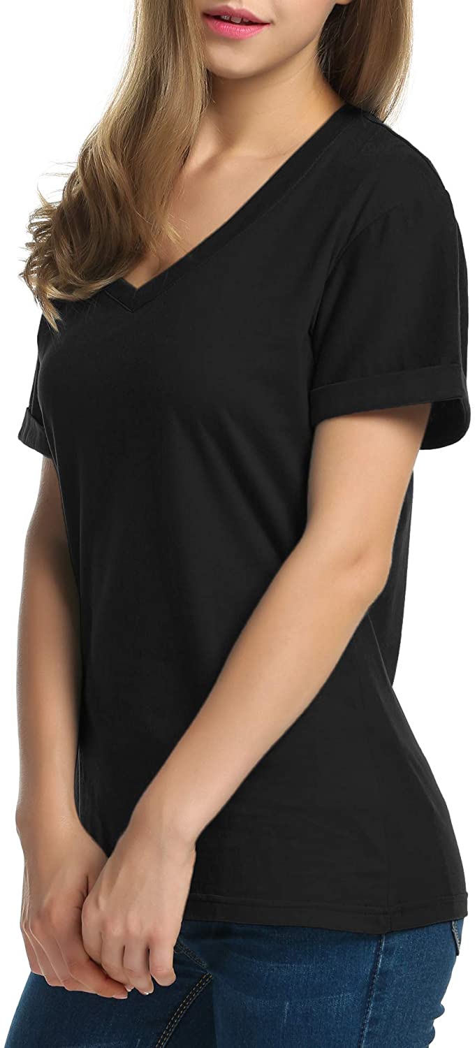 Meaneor Womens V Neck Shirts Short Sleeve Loose Casual 1 Black Size 