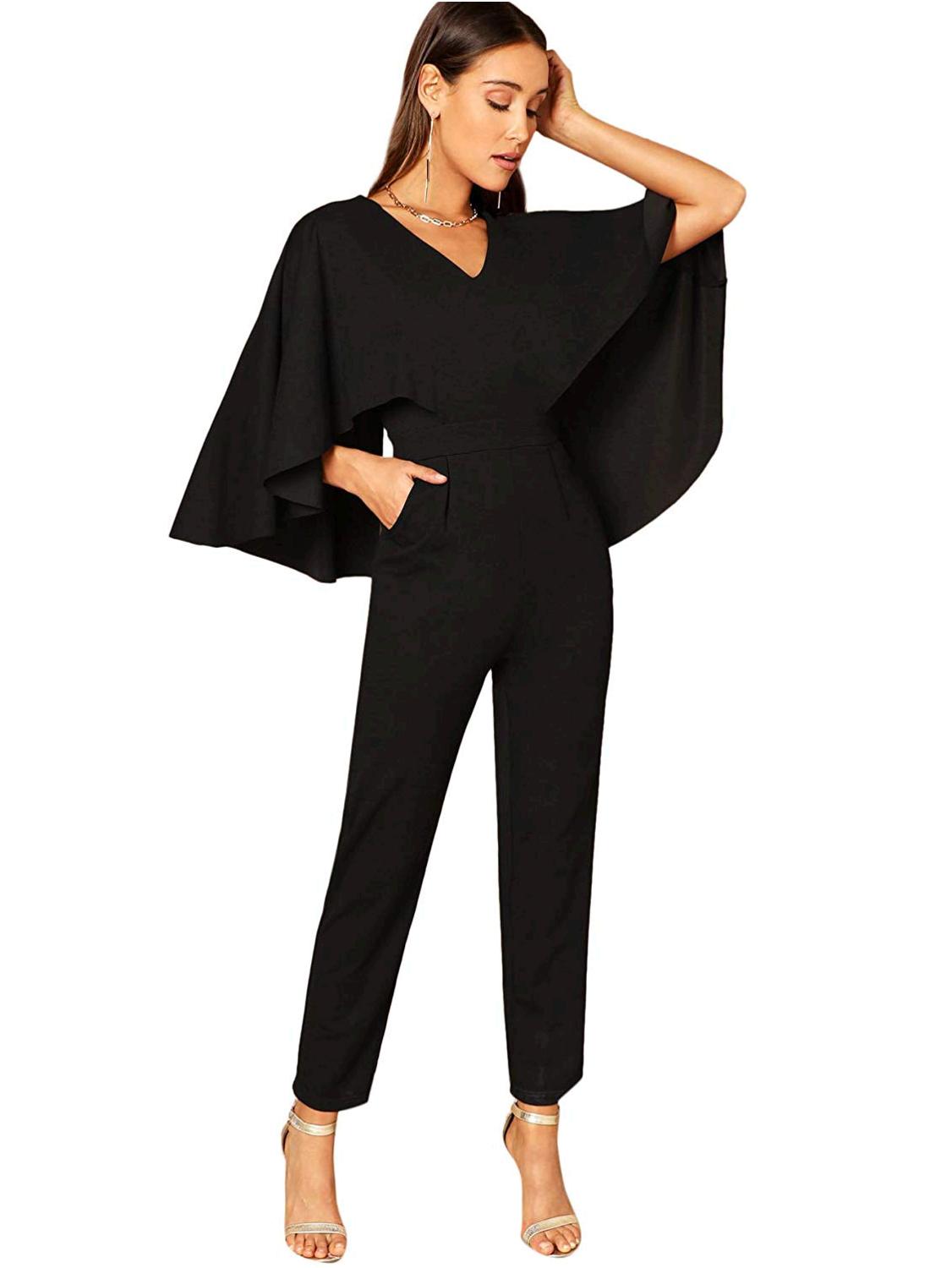 ROMWE Womens V-Neck Solid Cape High Waist Long Pants Jumpsuit