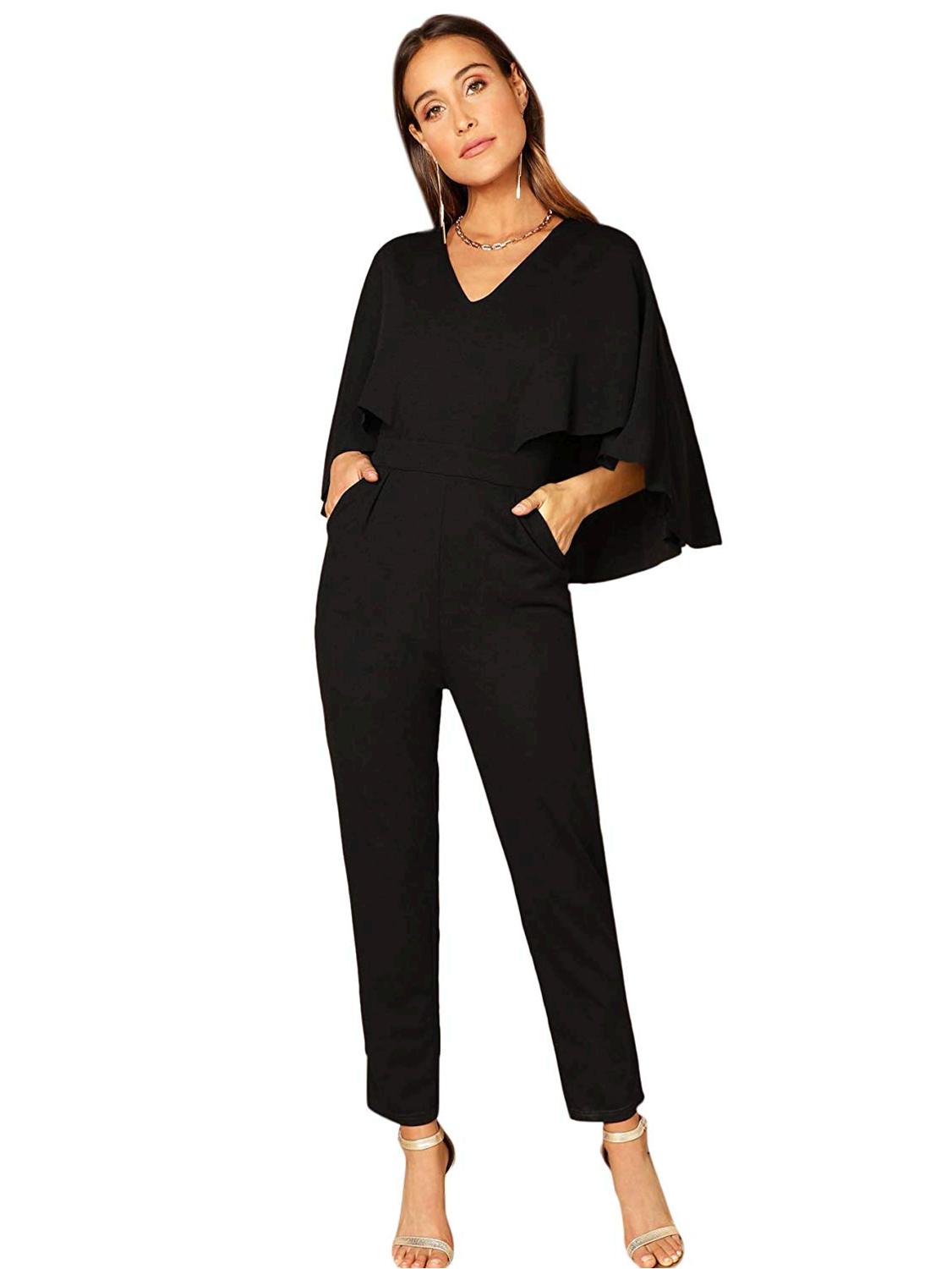 ROMWE Womens V-Neck Solid Cape High Waist Long Pants Jumpsuit