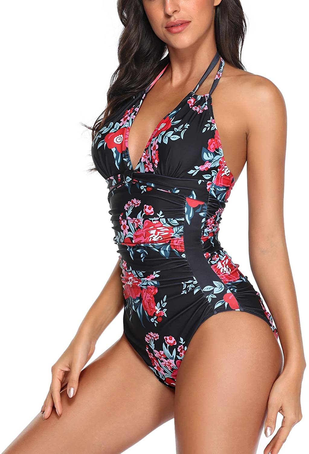 Smismivo Tummy Control Swimwear Black Halter One Piece, Floral Red, Size X-Large | eBay
