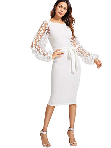 SheIn Women's Elegant Mesh Contrast Bishop Sleeve Bodycon, White, Size ...