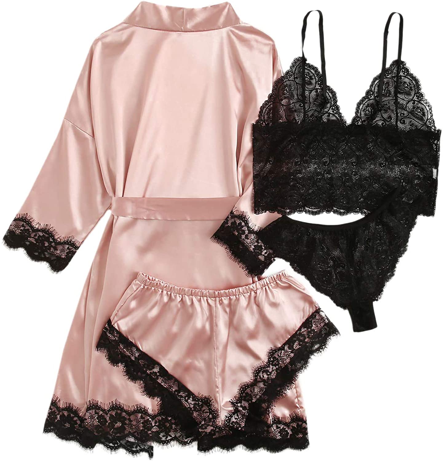 SOLY HUX Womens Sleepwear 4pcs Floral Lace Trim Satin Cami Pajama Set with Robe