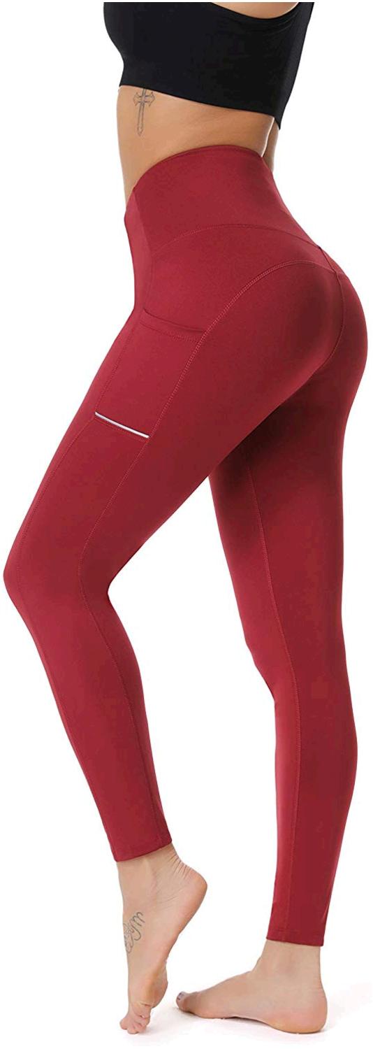 Olacia Yoga Pants with Pocket High Waisted Tummy Control, Wine Red ...