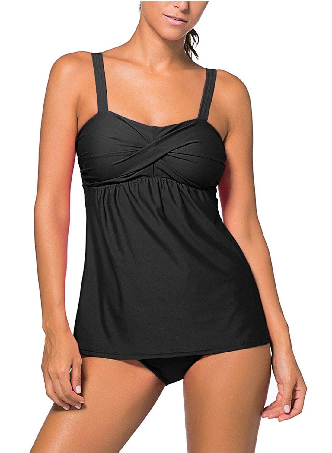 Actloe Women's Two Pieces Swimwear Ruched Tankini Top with, Black, Size ...