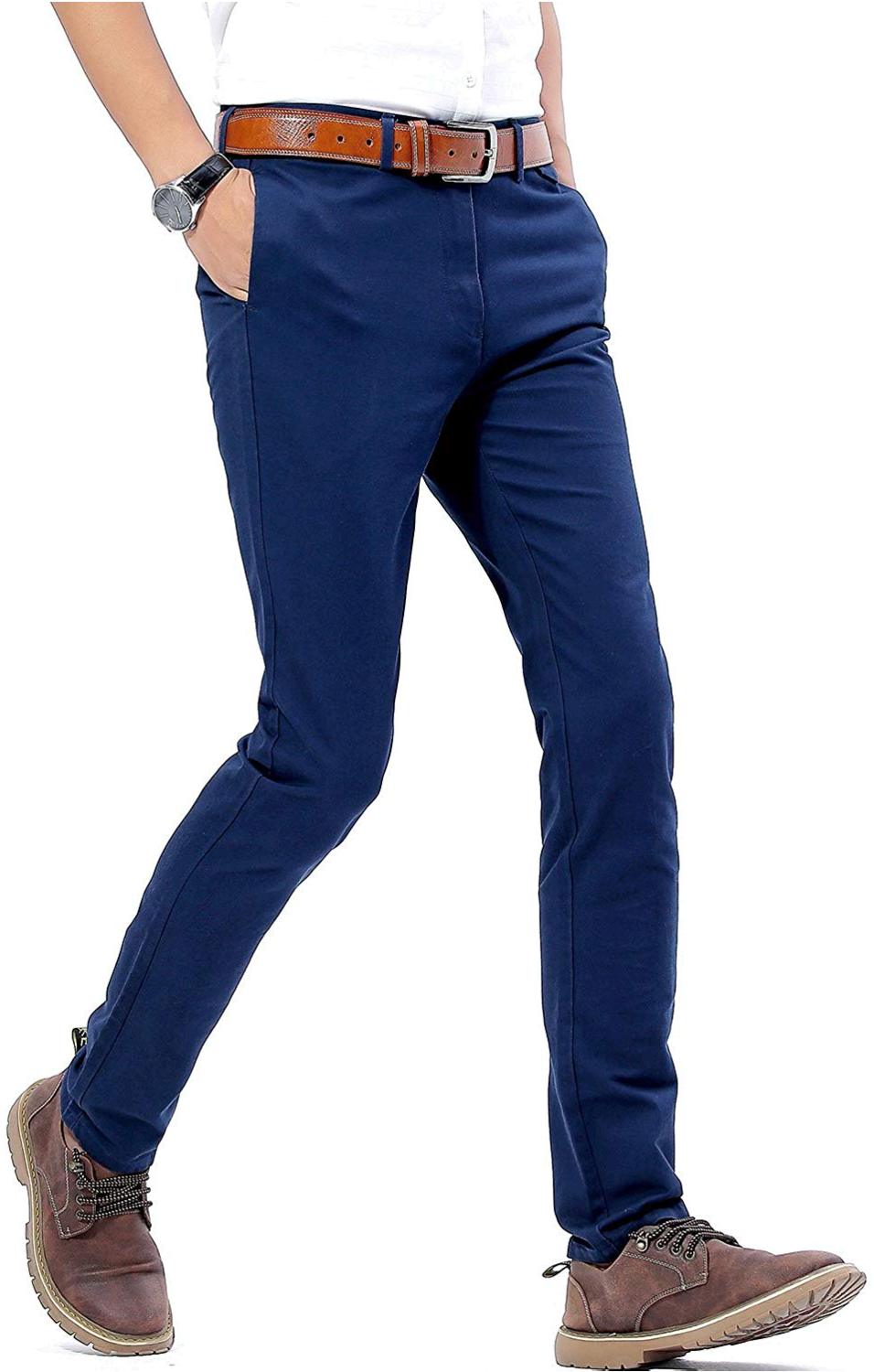 INFLATION Mens Slim Tapered Stretch Flat Front Casual Pants, Navy Blue ...
