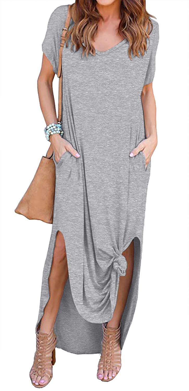 GRECERELLE Solid V-Neck Pocket Loose Maxi Dress Gray L, 03-gray, Size ...