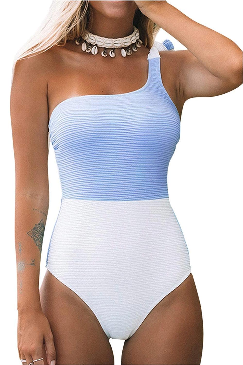 CUPSHE Women s Blue And White One Shoulder One Piece Swimsuit Blue 
