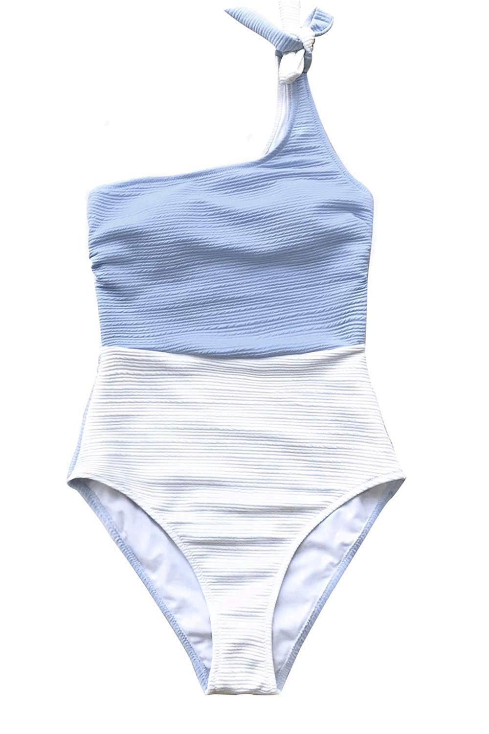 CUPSHE Women s Blue And White One Shoulder One Piece Swimsuit Blue 