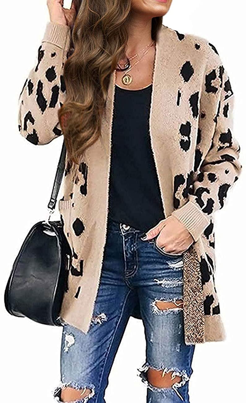 ZESICA Women's Long Sleeves Open Front Leopard Print Knitted Sweater Cardigan Coat Outwear ZESICA Women's Long Sleeves Open Front Leopard Print Knitted Sweater Cardigan Coat Outwear