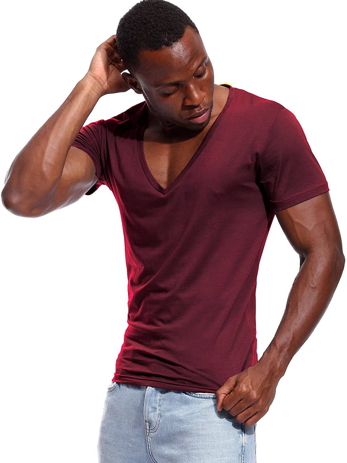 Deep V Neck T Shirt for Men Low Cut Vneck Tee Invisible, Red, Size XX ...