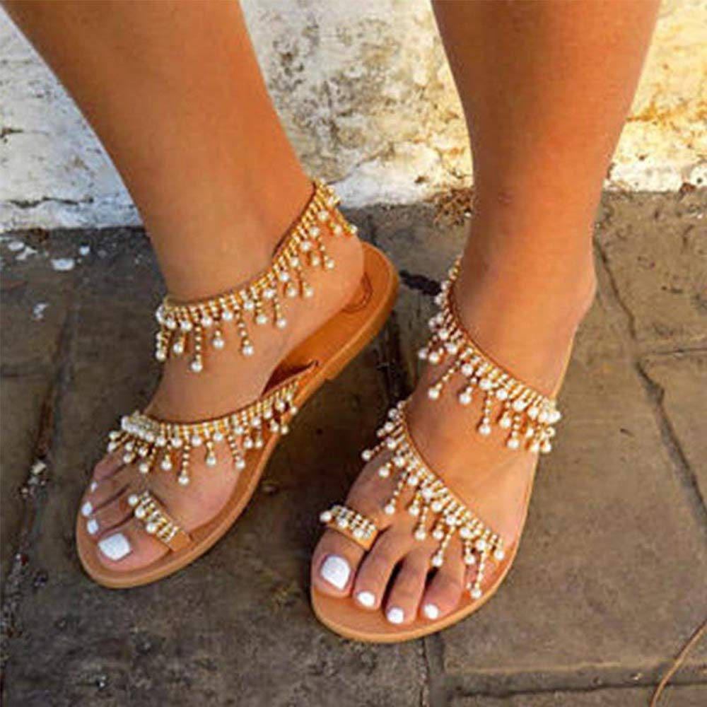 Xmwealthy Women S Strappy Flat Sandals Bohemia Jeweled Toe Golden