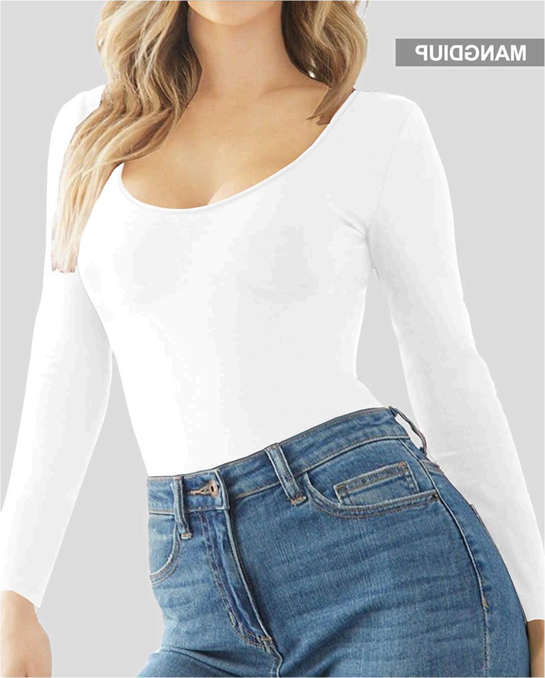 MANGDIUP Women's Scoop Neck Long Sleeve Basic Bodysuits, White, Size