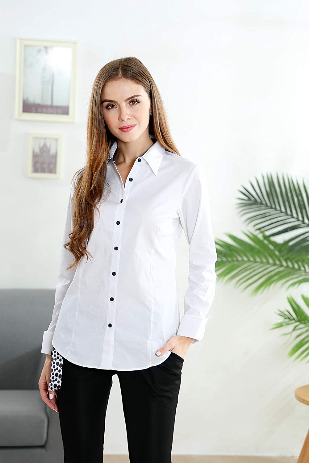 UniFashion Womens Button Down Shirts Long Sleeve Cotton, White, Size Medium aqzI | eBay