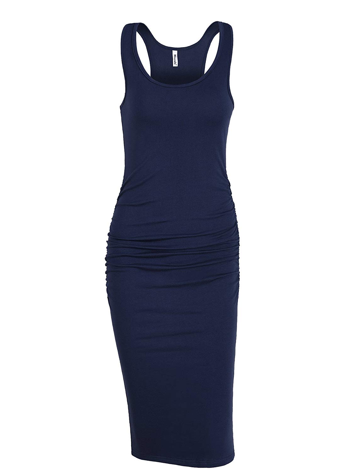 Missufe Women's Ruched Bodycon Sundress Midi Fitted, Navy Blue, Size X ...