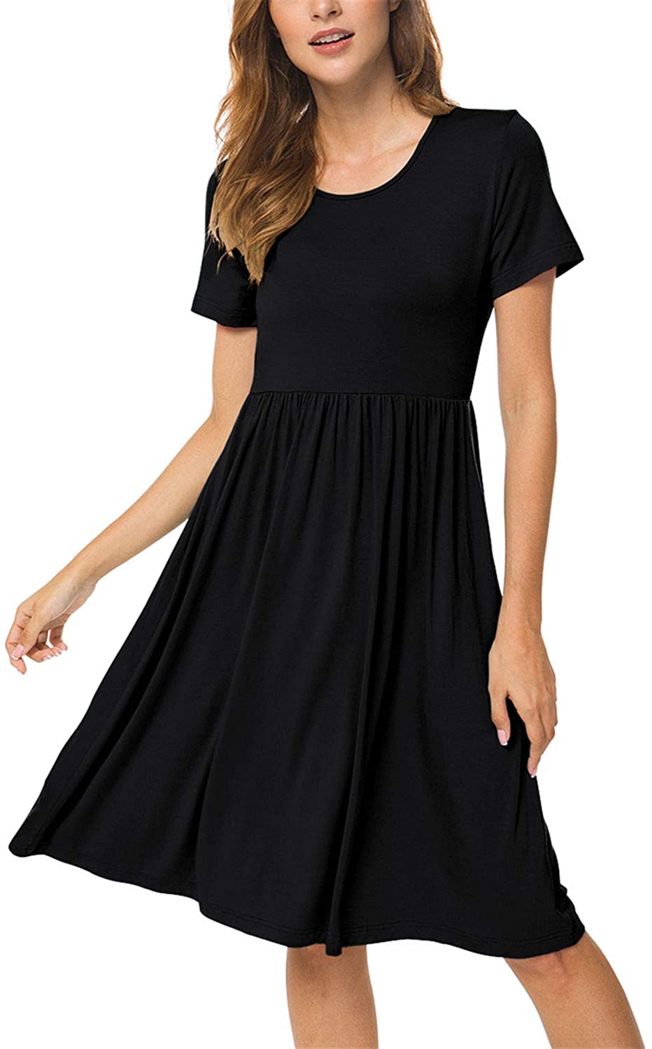 DB MOON Women Summer Casual Short Sleeve Dresses Empire Waist, Black ...
