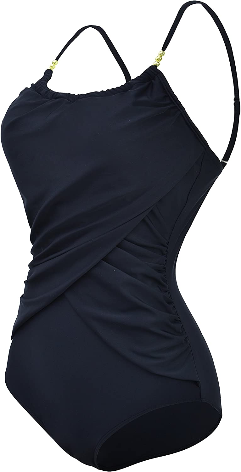 Zando Womens Vintage Frilly One Piece Swimsuit Tummy Charming Black 