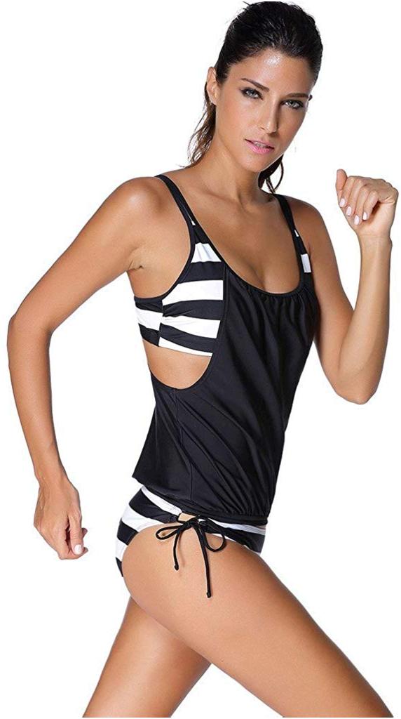 Evaless Womens Casual Strips Sporty Double Up Tankini Top Black Size 8744