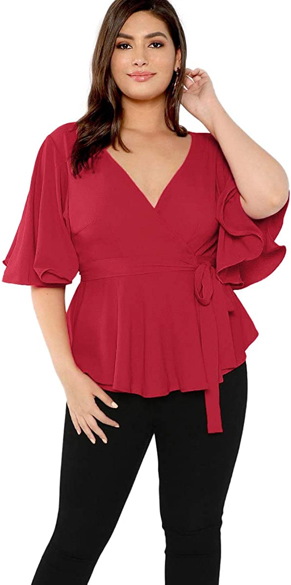 Romwe Women's Plus Size Short Sleeve Deep V Neck Self Belted, Red, Size ...