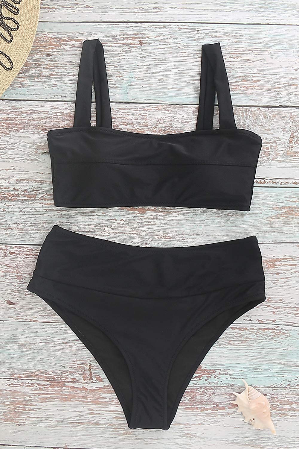 Womens Bandeau Crop Top Bikini Set High Waisted Two, Black Bikini, Size ...