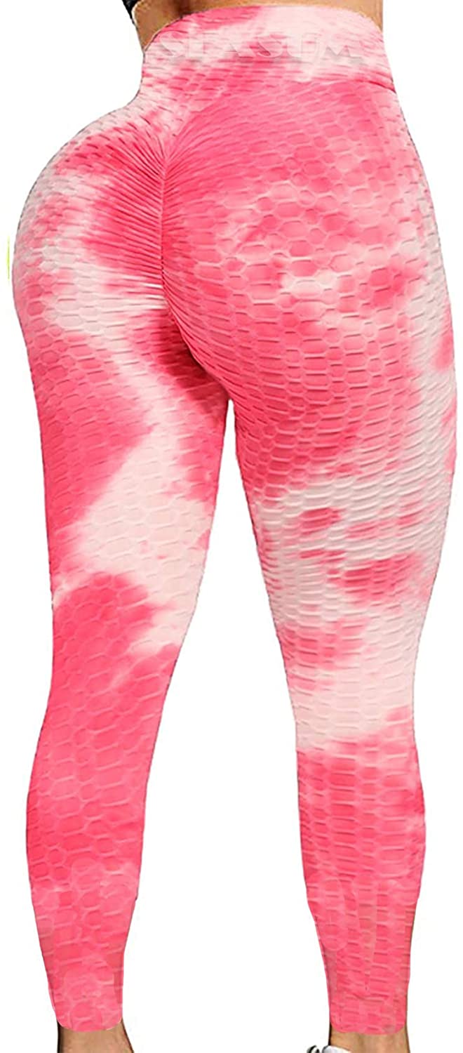 SEASUM Women's High Waist Tie Dyed Yoga Leggings With Pockets Tummy Control  Butt Lift Workout Pants Textured Slimming Tights Black+Pink XL 