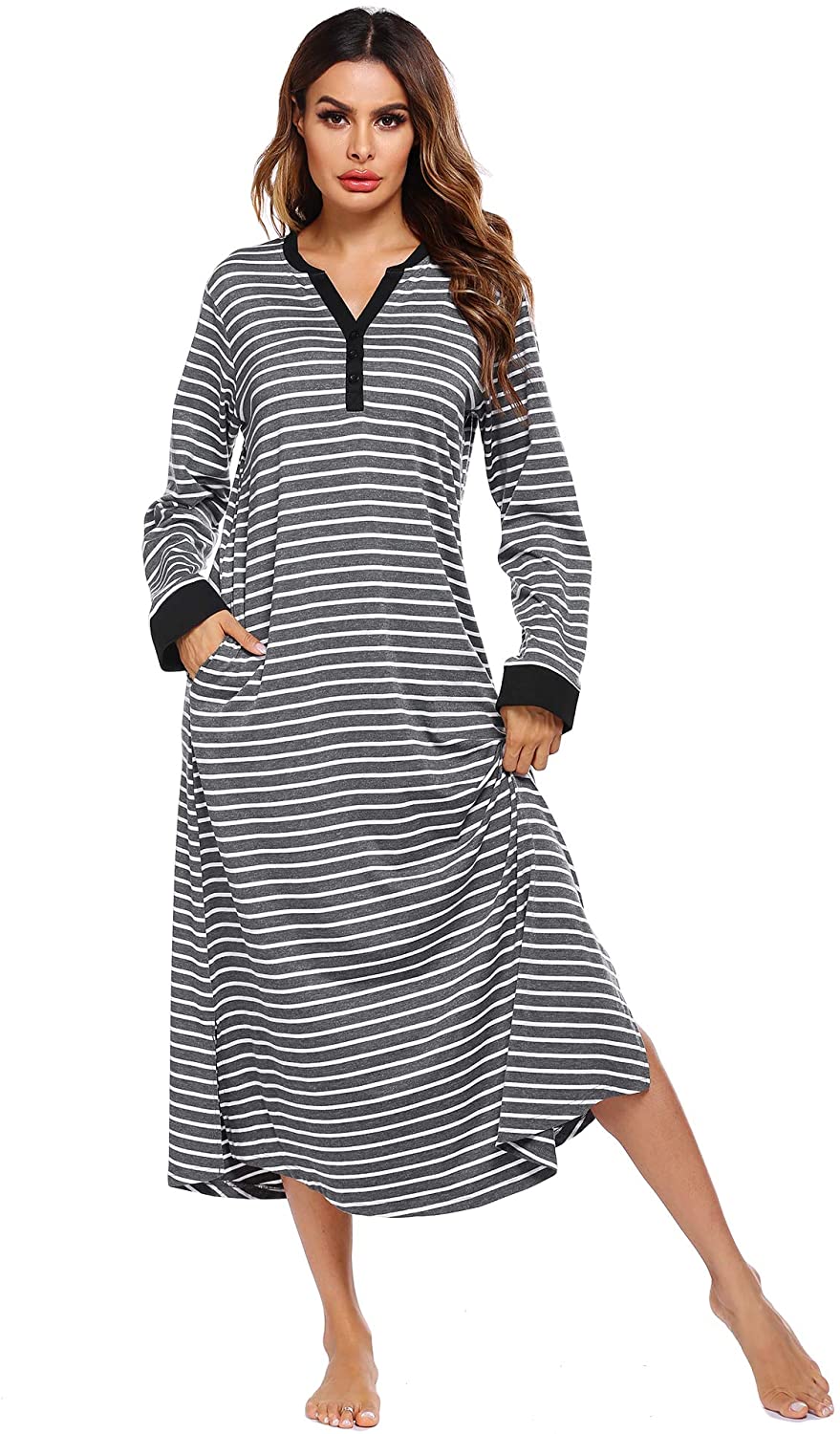 Ekouaer Women’s Striped Nightgown,Long Loungewear, Grey, Size X-Large